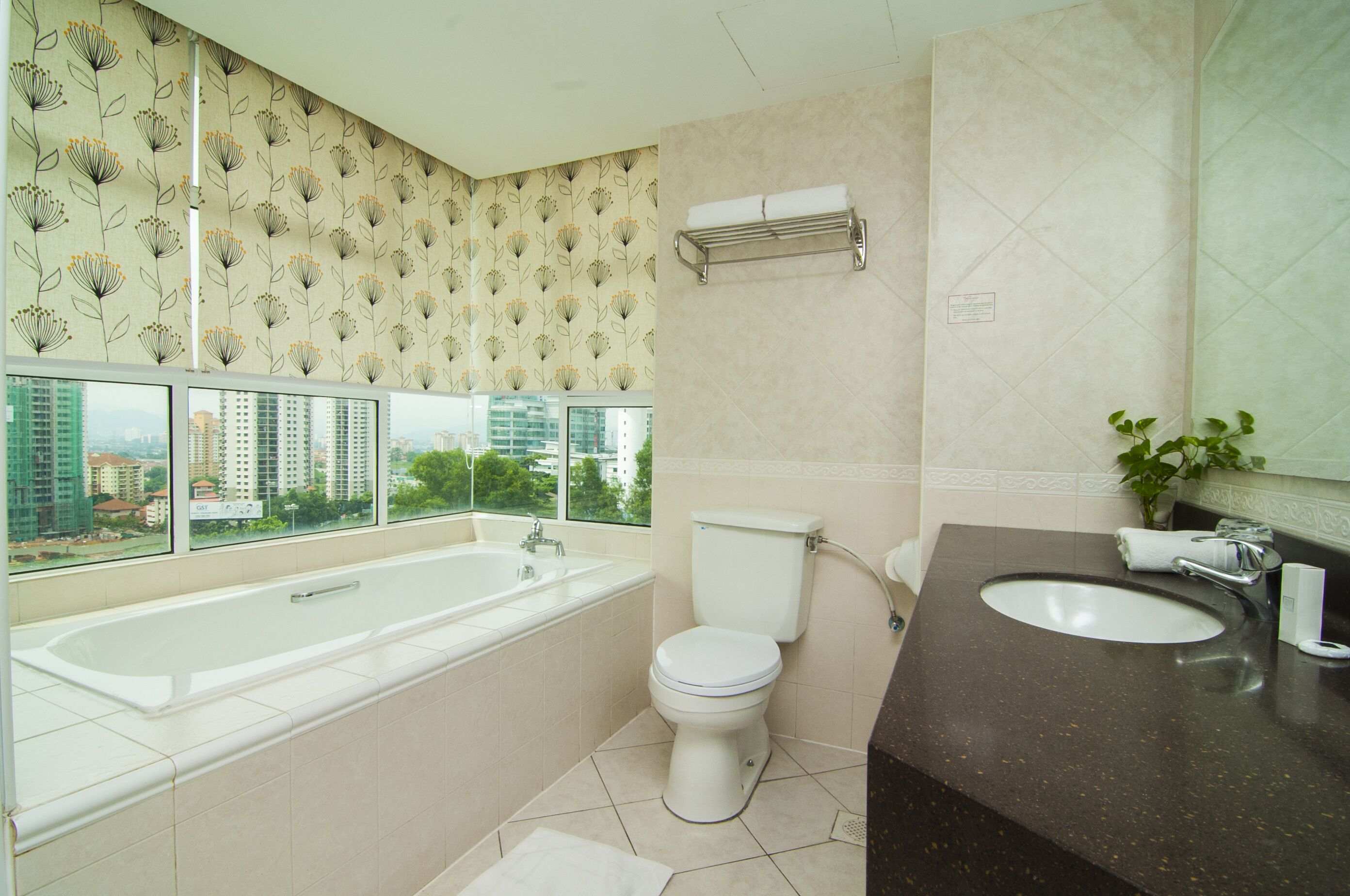 combined shower/bathtub, free toiletries, hair dryer, slippers