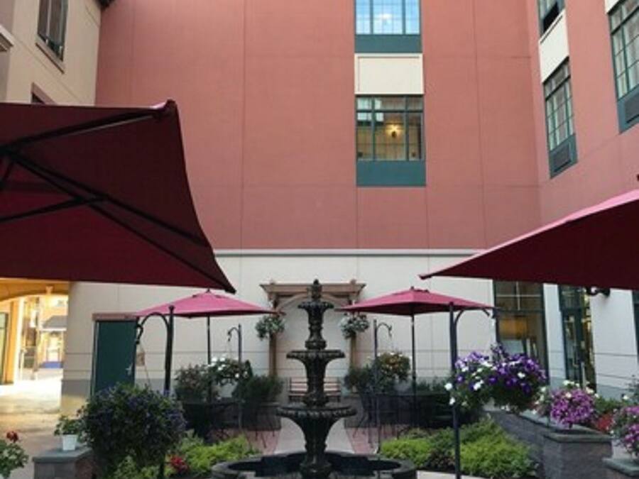 A courtyard with a central fountain, surrounded by potted plants and umbrellas.