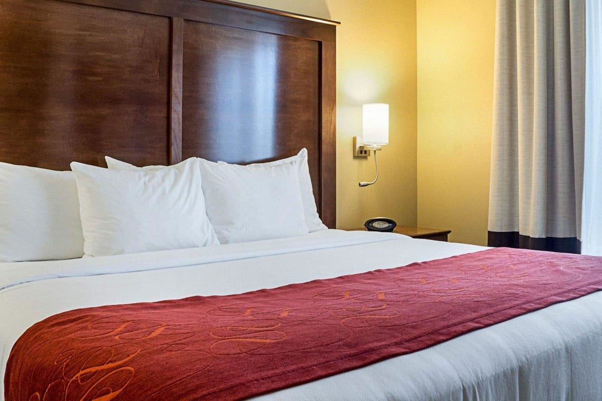 Une chambre d’hôtel avec un grand lit, une tête de lit en bois, un plaid rouge, une table de chevet avec une lampe et une fenêtre avec des rideaux.