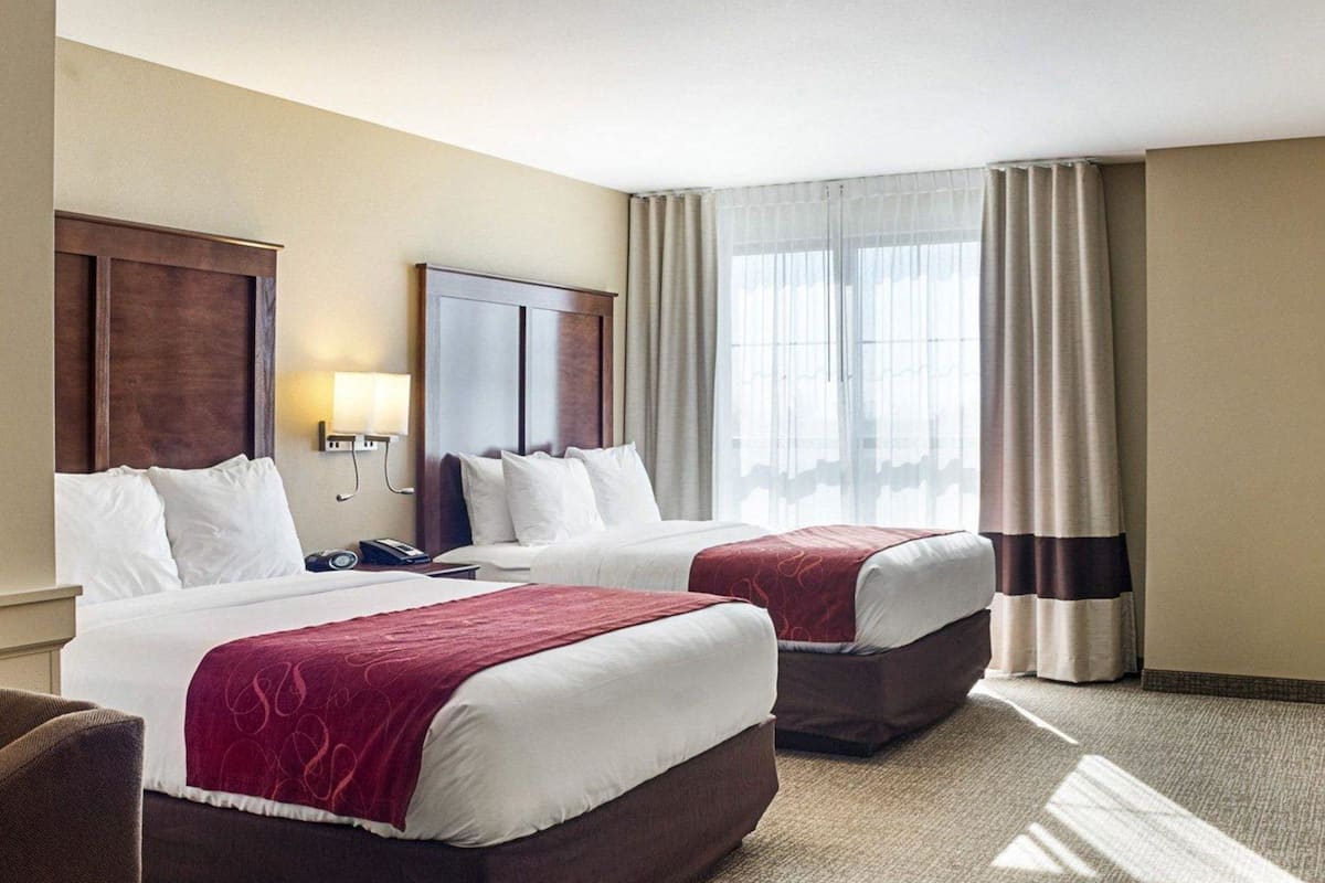 premium bedding, desk, laptop workspace, iron/ironing board