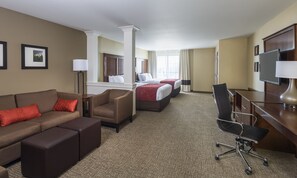 Premium bedding, desk, laptop workspace, iron/ironing board