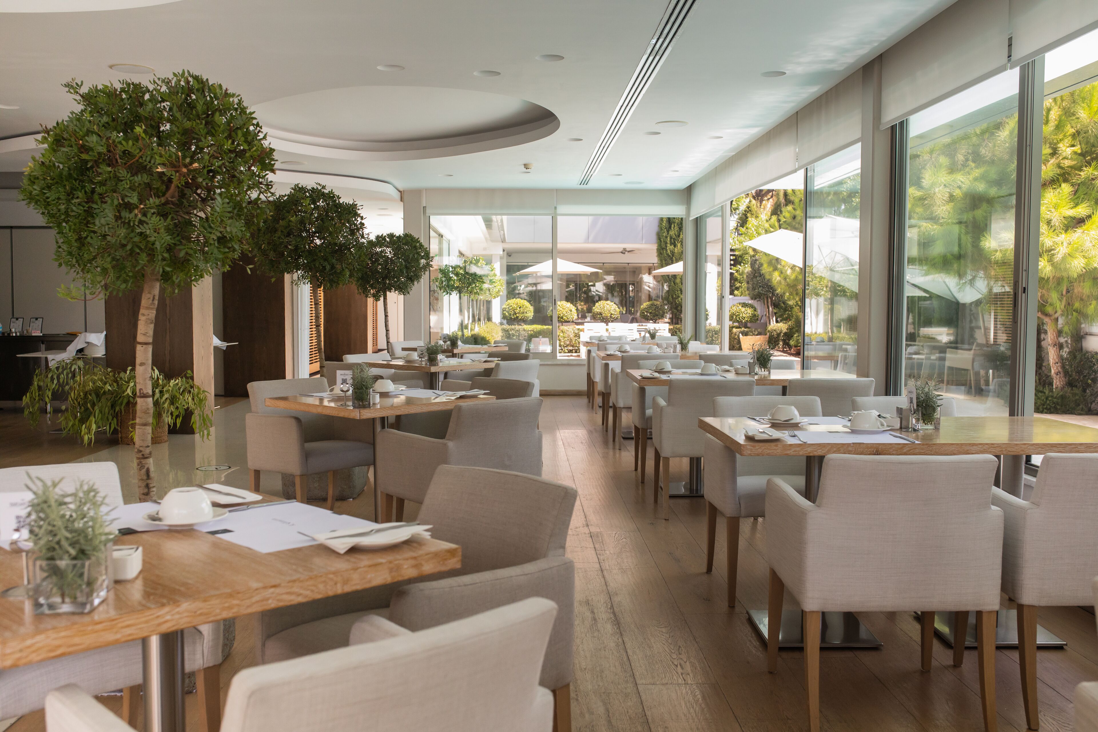Un restaurante moderno con plantas de interior, mesas y sillas de madera.