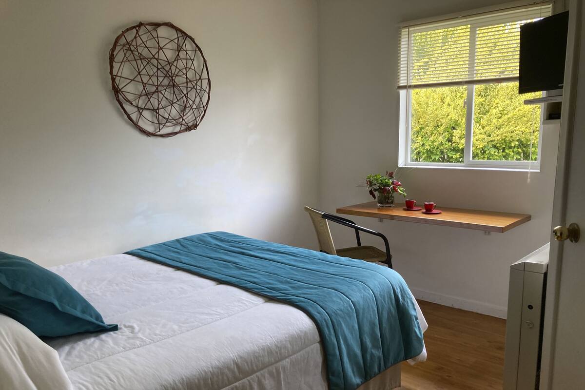 A bedroom with a bed, a chair, a small table with a plant, and a window with blinds.