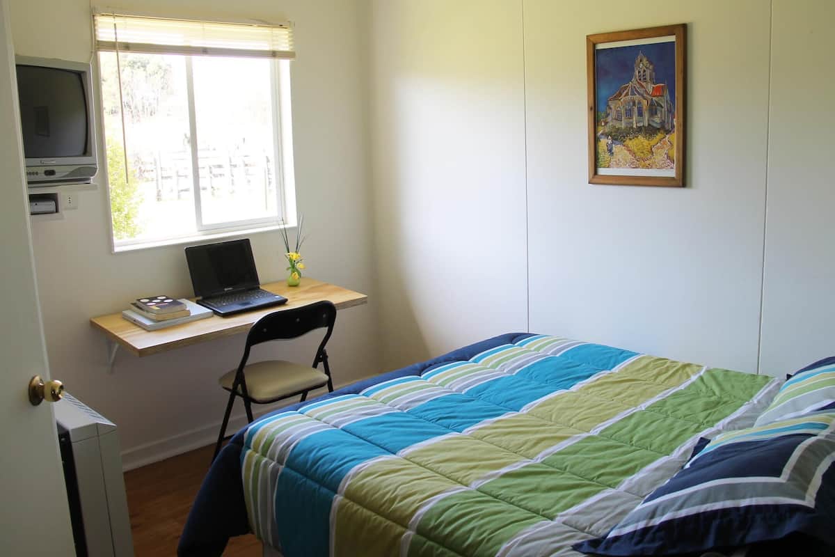 A bedroom with a bed, a desk with a laptop, a chair, a TV, and a window.