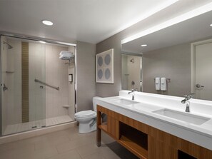 Designer toiletries, hair dryer, towels