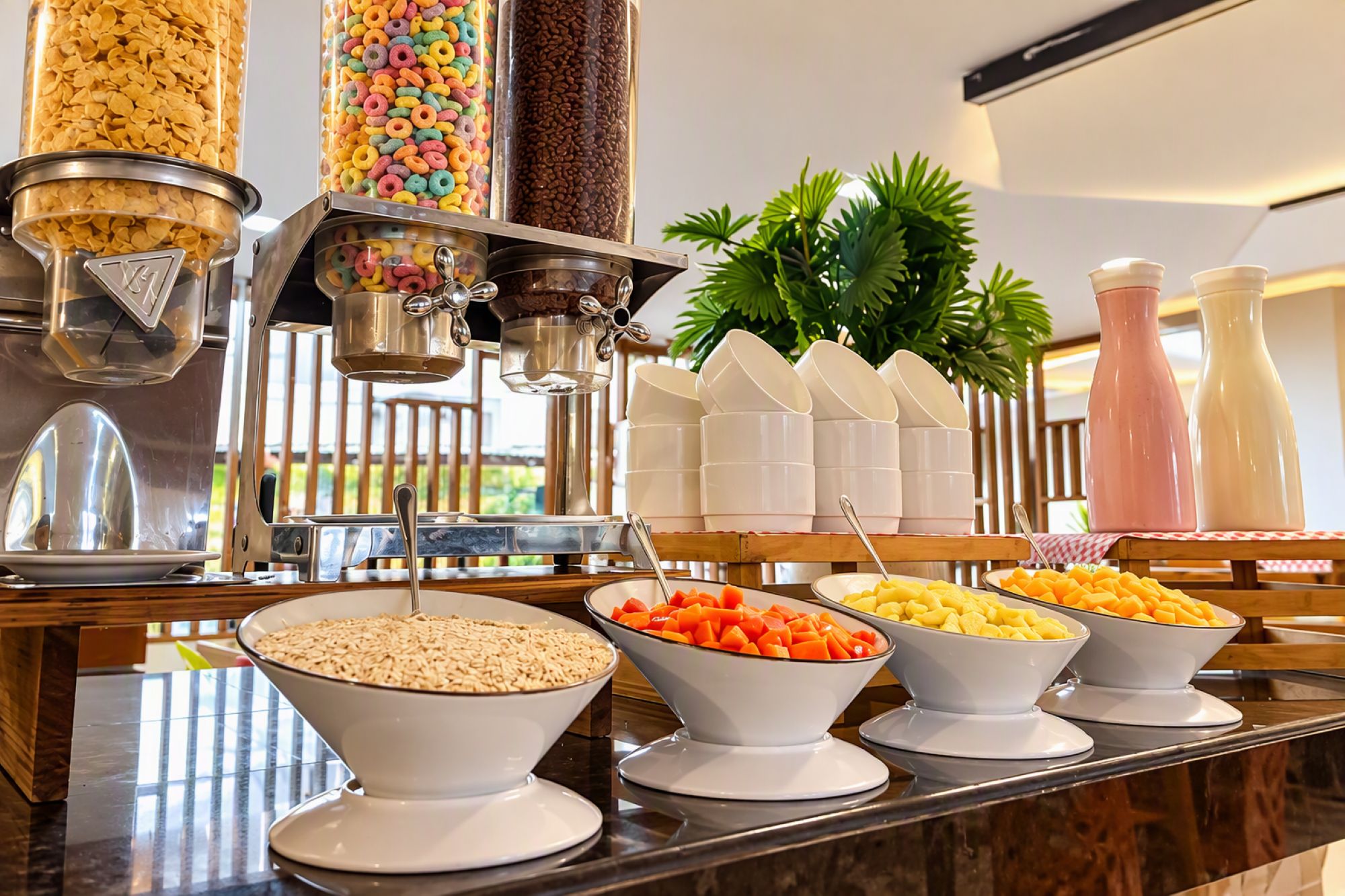 Un buffet proposant une variété de plats et une machine à café.