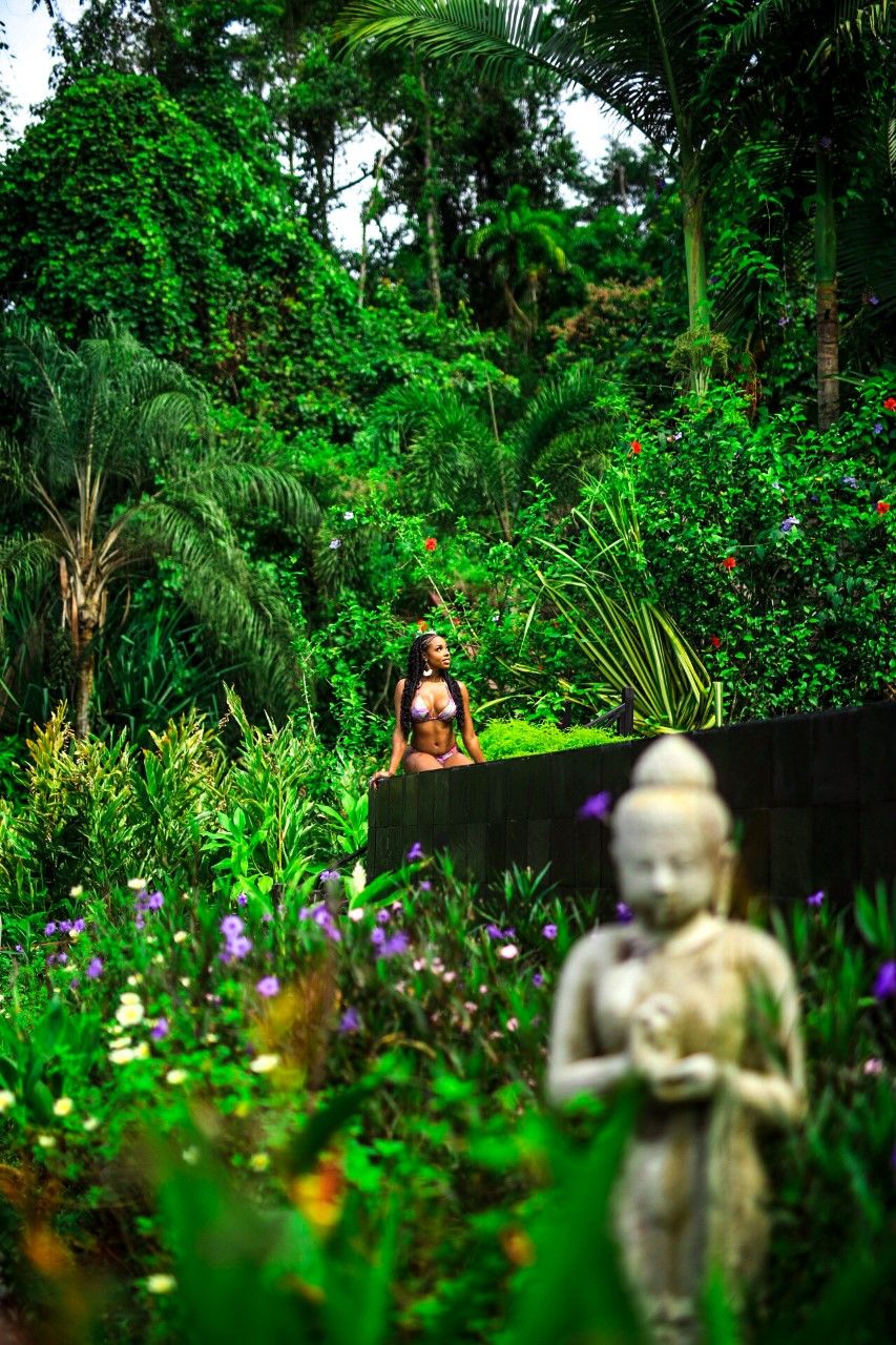 Uma estátua em um jardim exuberante, com vegetação densa e diversas plantas.