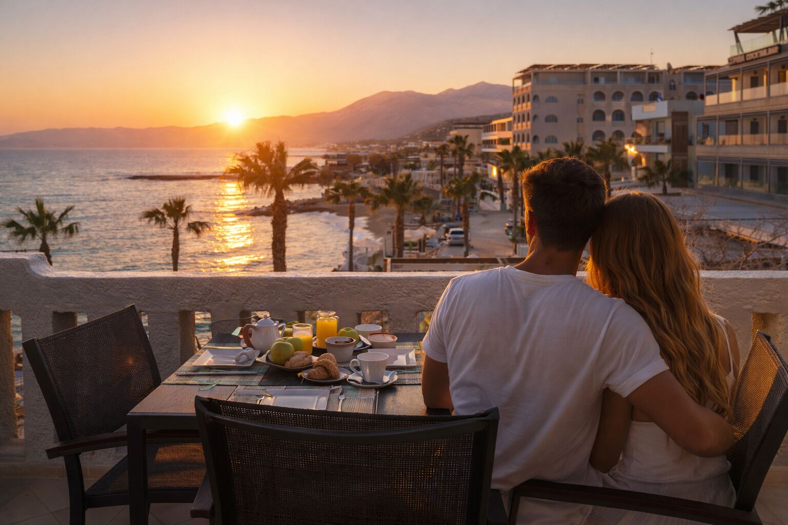 Un couple est assis à une table, profitant d’une vue sur le coucher de soleil sur la mer, avec des palmiers et des bâtiments en arrière-plan.
