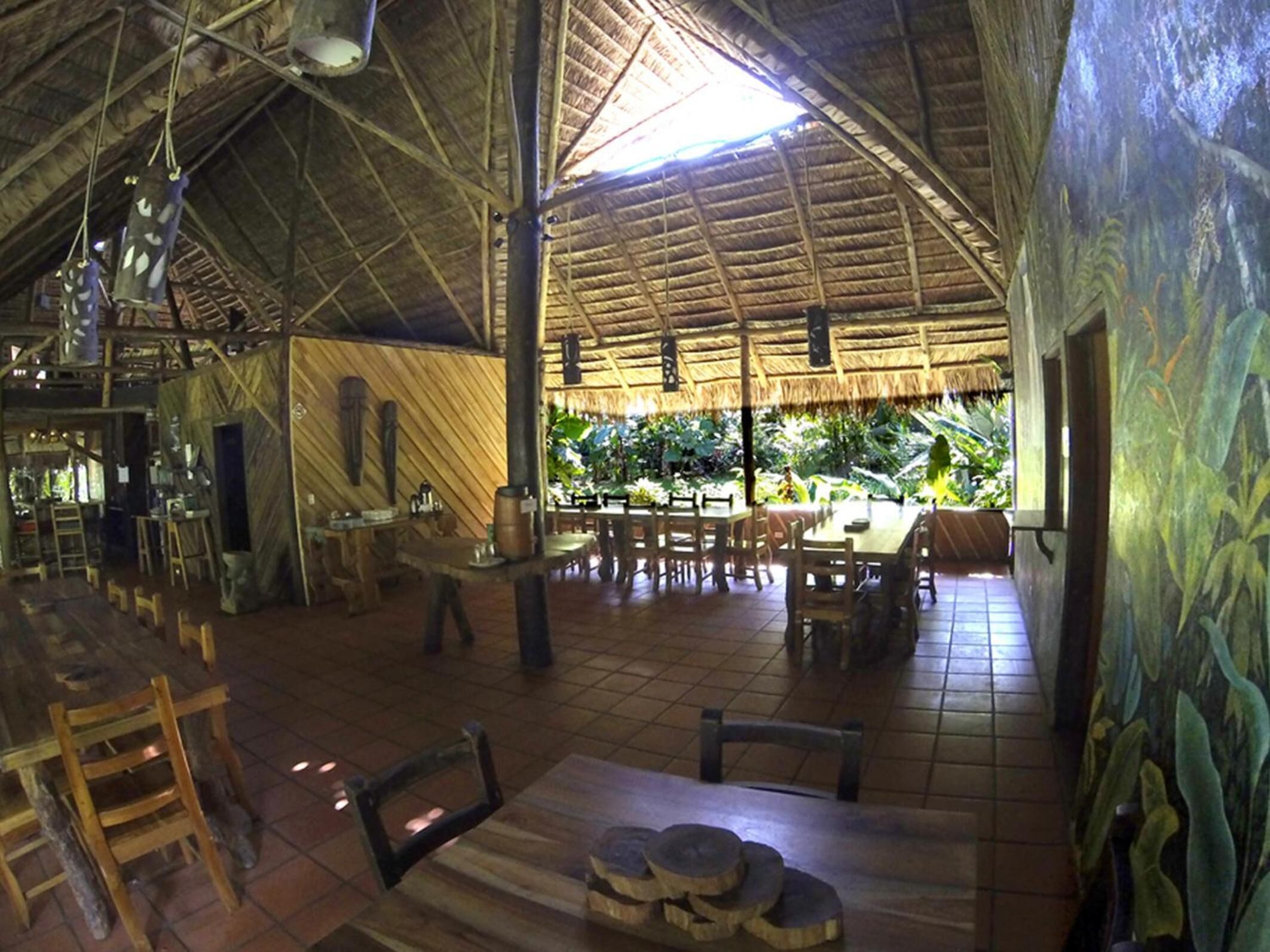 Un comedor interior con mesas y sillas de madera, techo de paja y vistas a exuberante follaje.