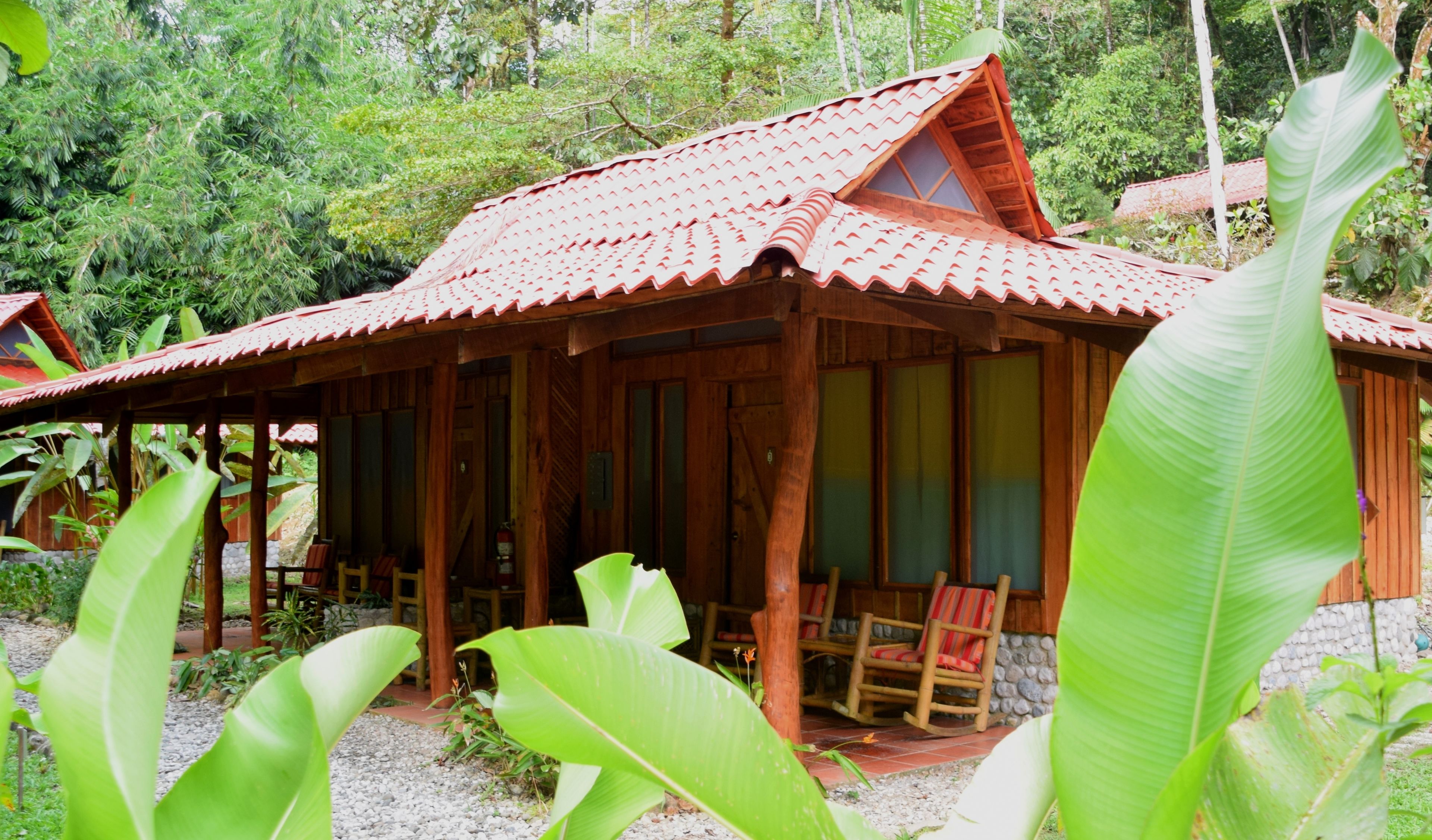 Une maison en bois avec un toit en tuiles, entourée d’une végétation luxuriante.