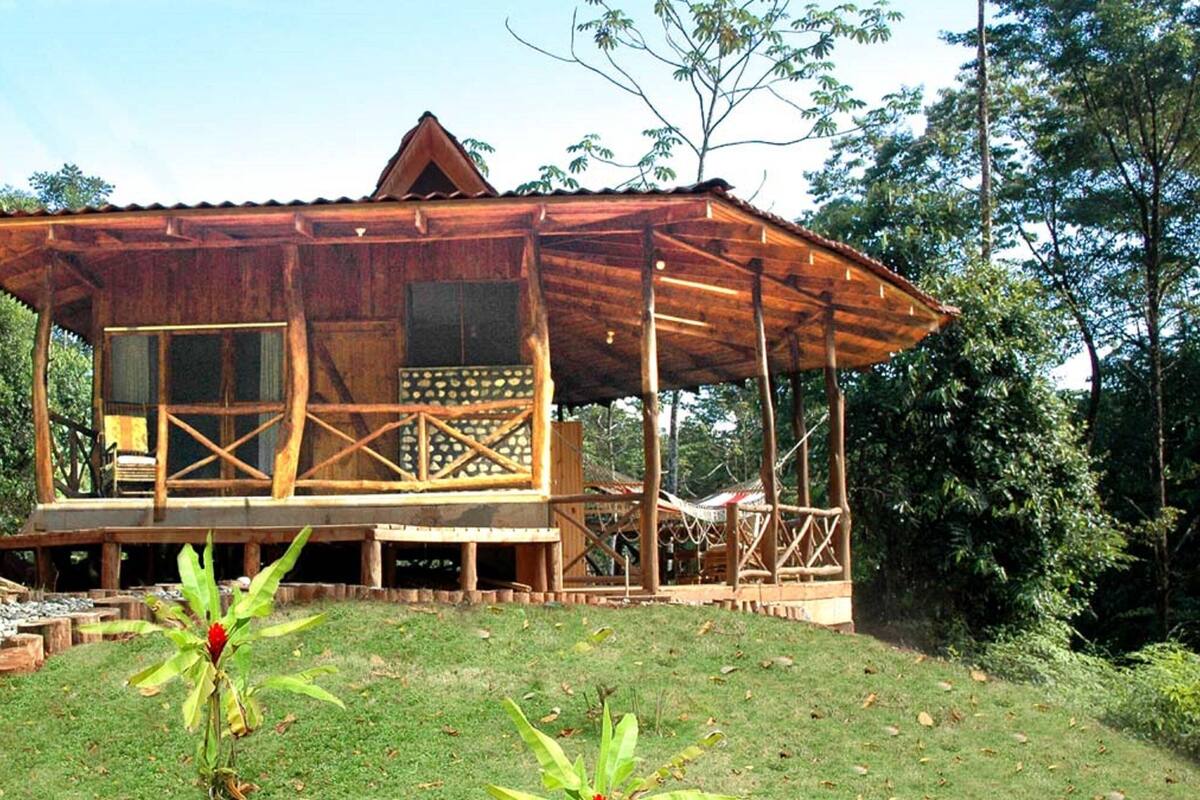 A wooden cabin with a balcony, surrounded by a grassy area and trees.