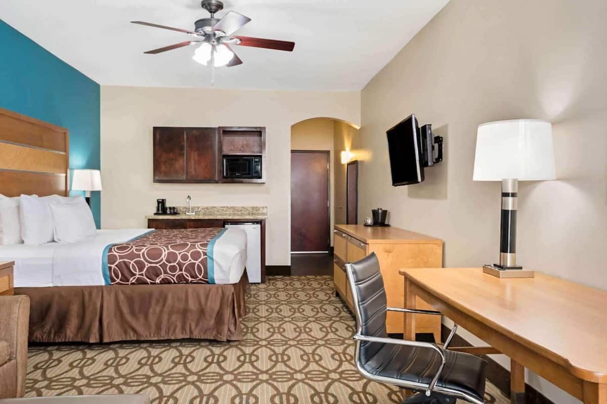 A hotel room with a bed, desk, chair, microwave, TV, and a ceiling fan.