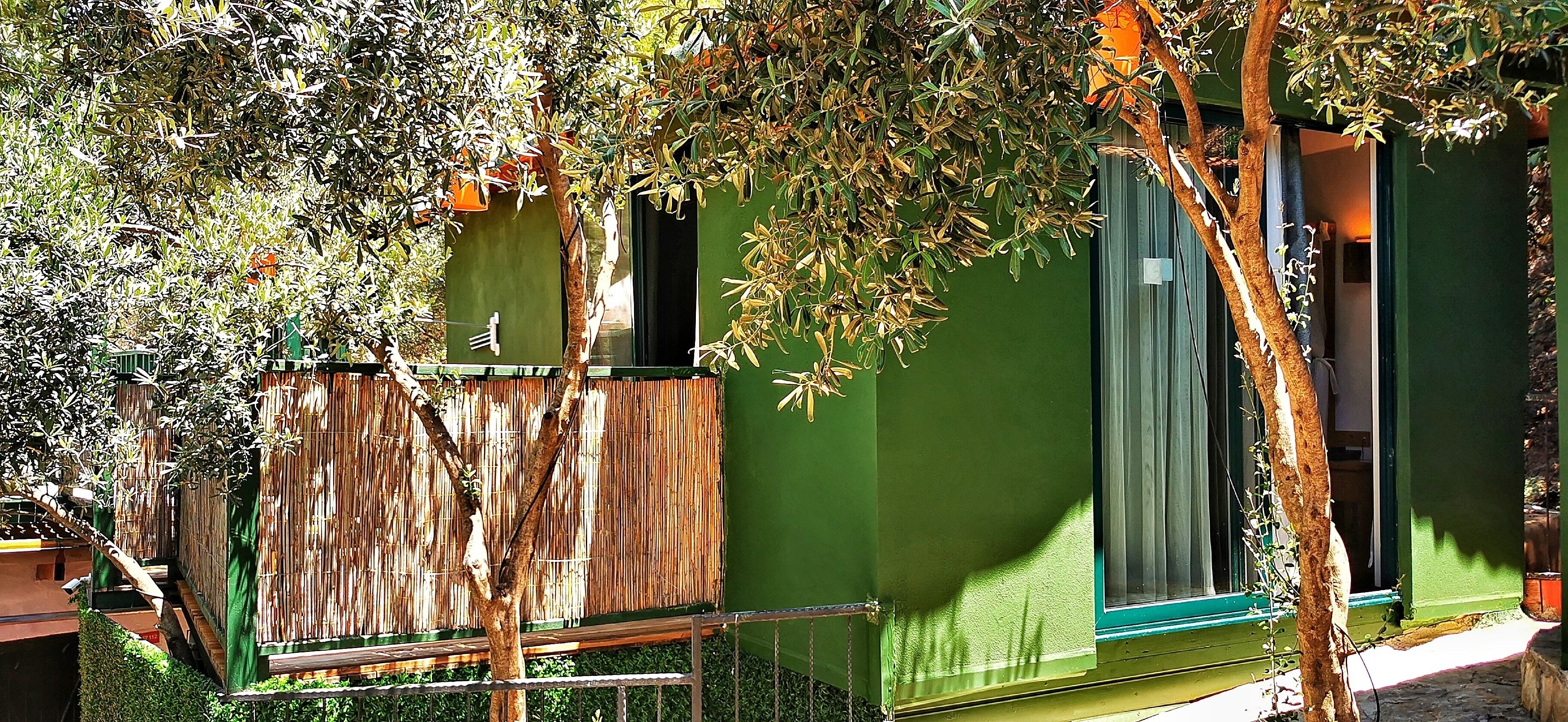 A green building with a bamboo fence, a window, and a door.