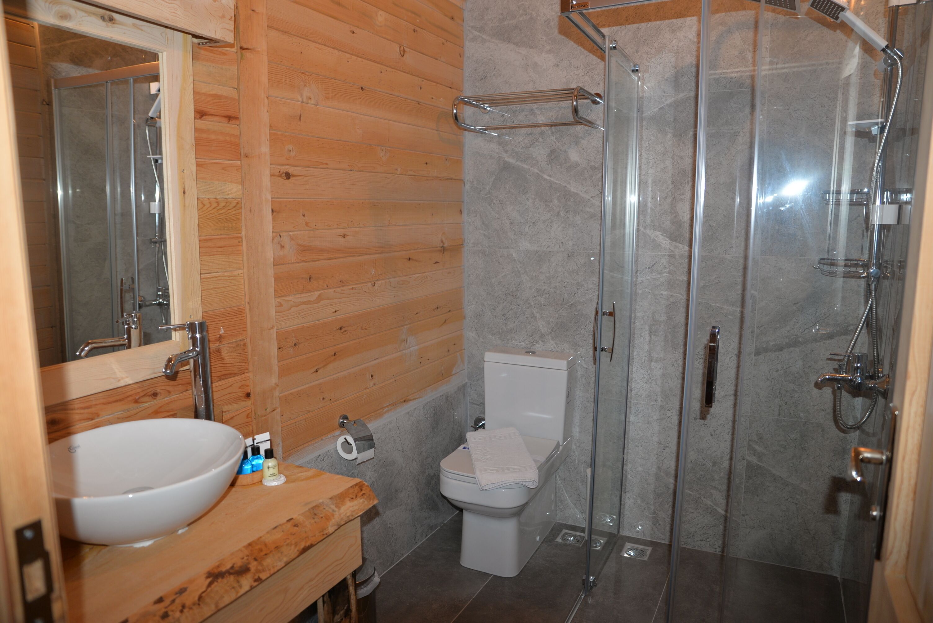 Une salle de bain avec un meuble-lavabo en bois, un évier, des toilettes et une douche séparée par une paroi en verre.