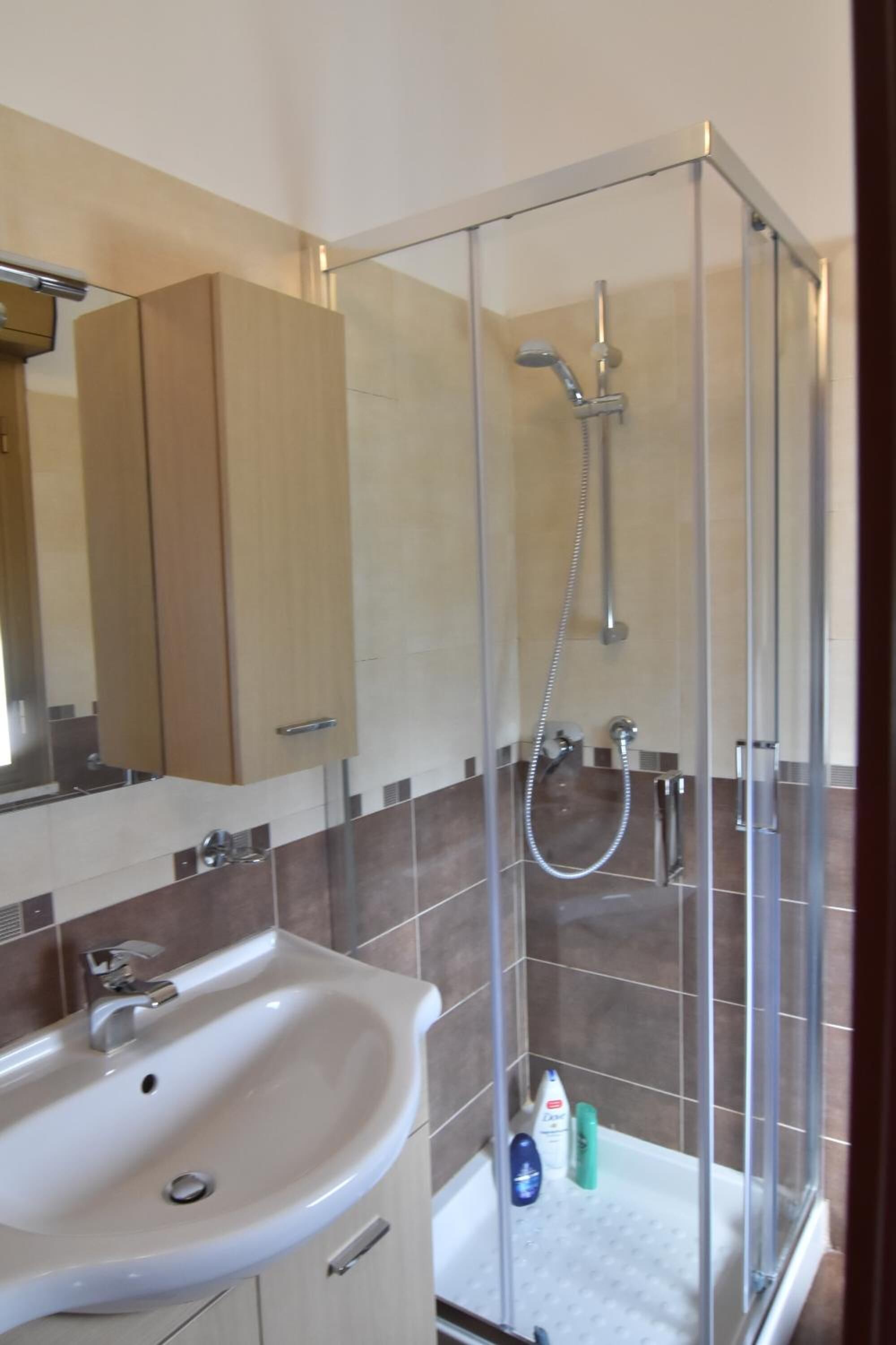 A modern bathroom with a glass-enclosed shower, a sink, and toiletries.