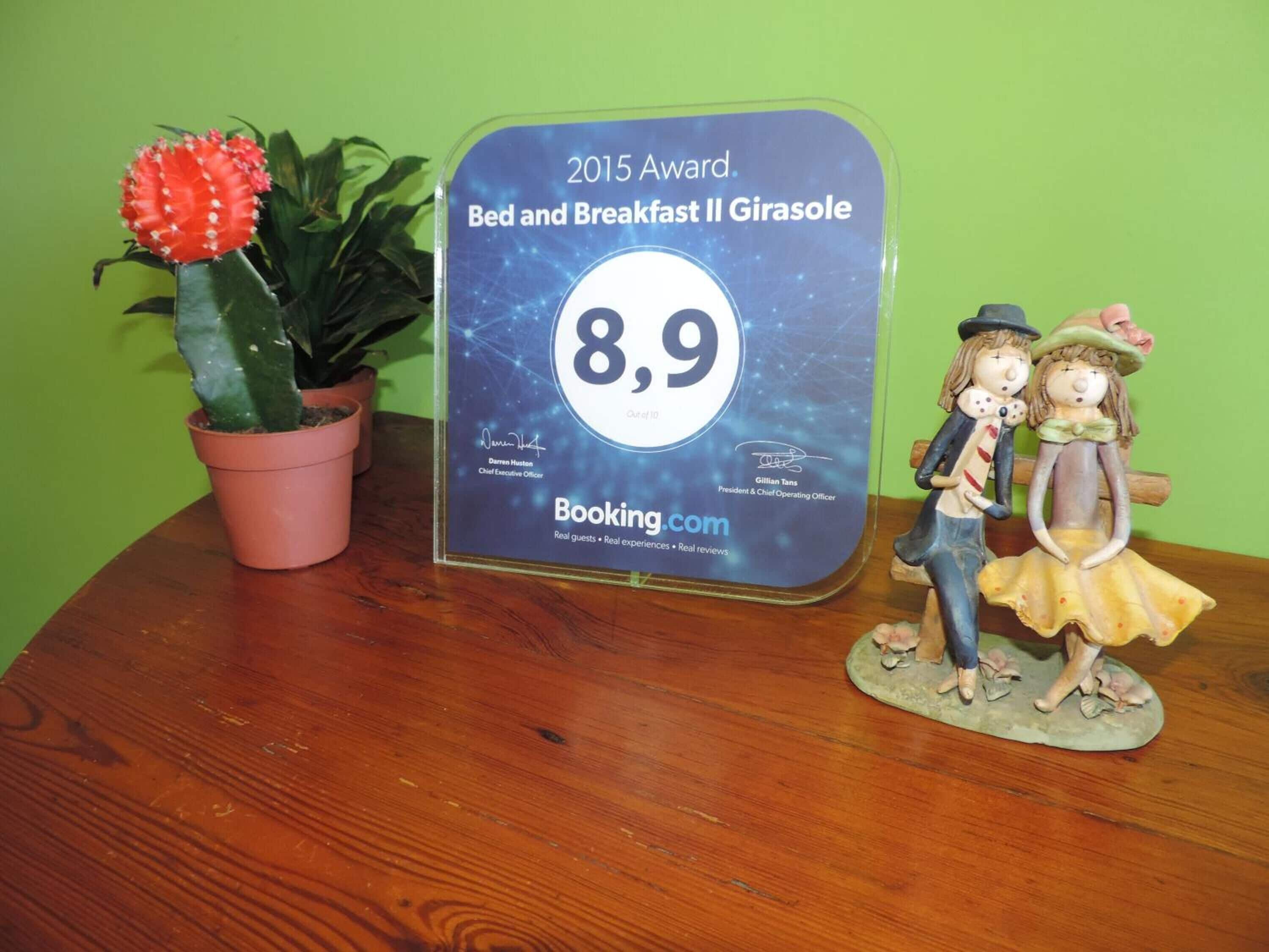 A 2015 Award plaque for a 8.9 rating from Booking.com, placed on a wooden table with a cactus and a figurine.