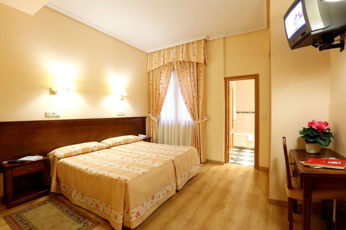 A hotel room with a bed, bedside tables, a TV, a desk with a chair, and a potted plant.