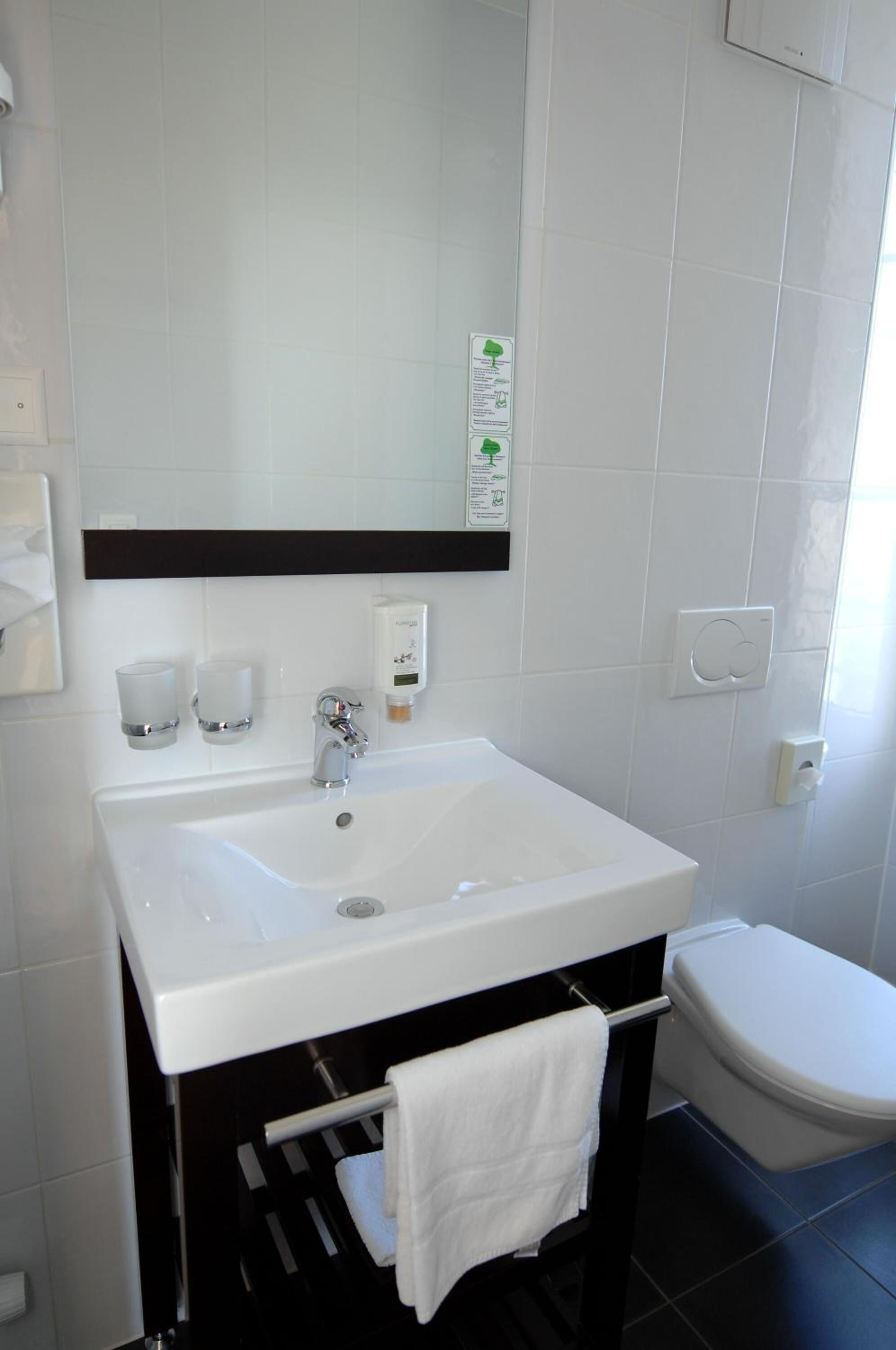 Et badeværelse med en hvid vask, et spejl over vasken, og et toilet. Der er to sæbedispensere på væggen.