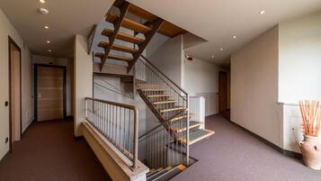 Un intérieur moderne avec un escalier en bois, des planchers recouverts de moquette et un mur sobre agrémenté d’un vase.