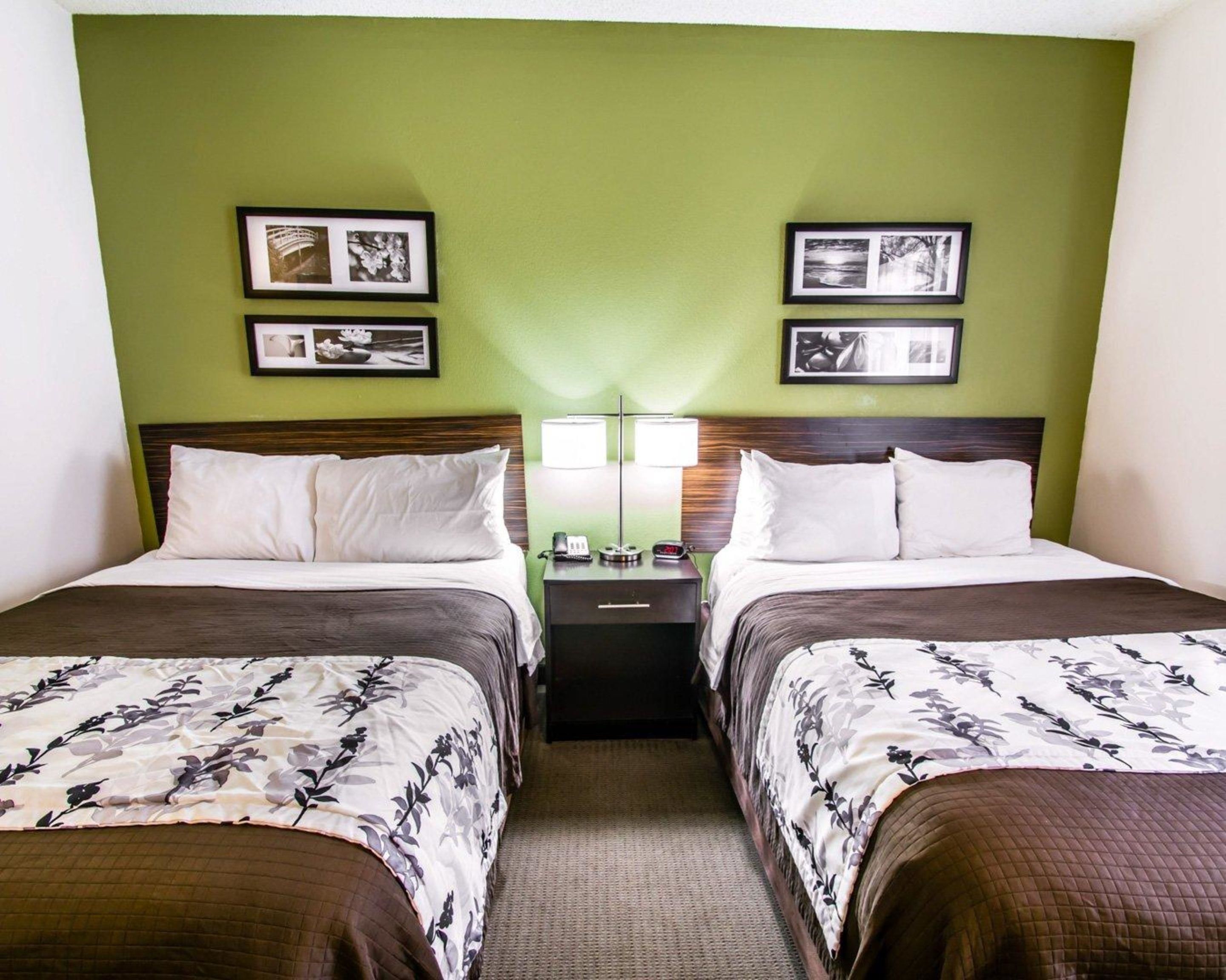Una habitación de hotel con dos camas, paredes verdes y cuadros en la pared.