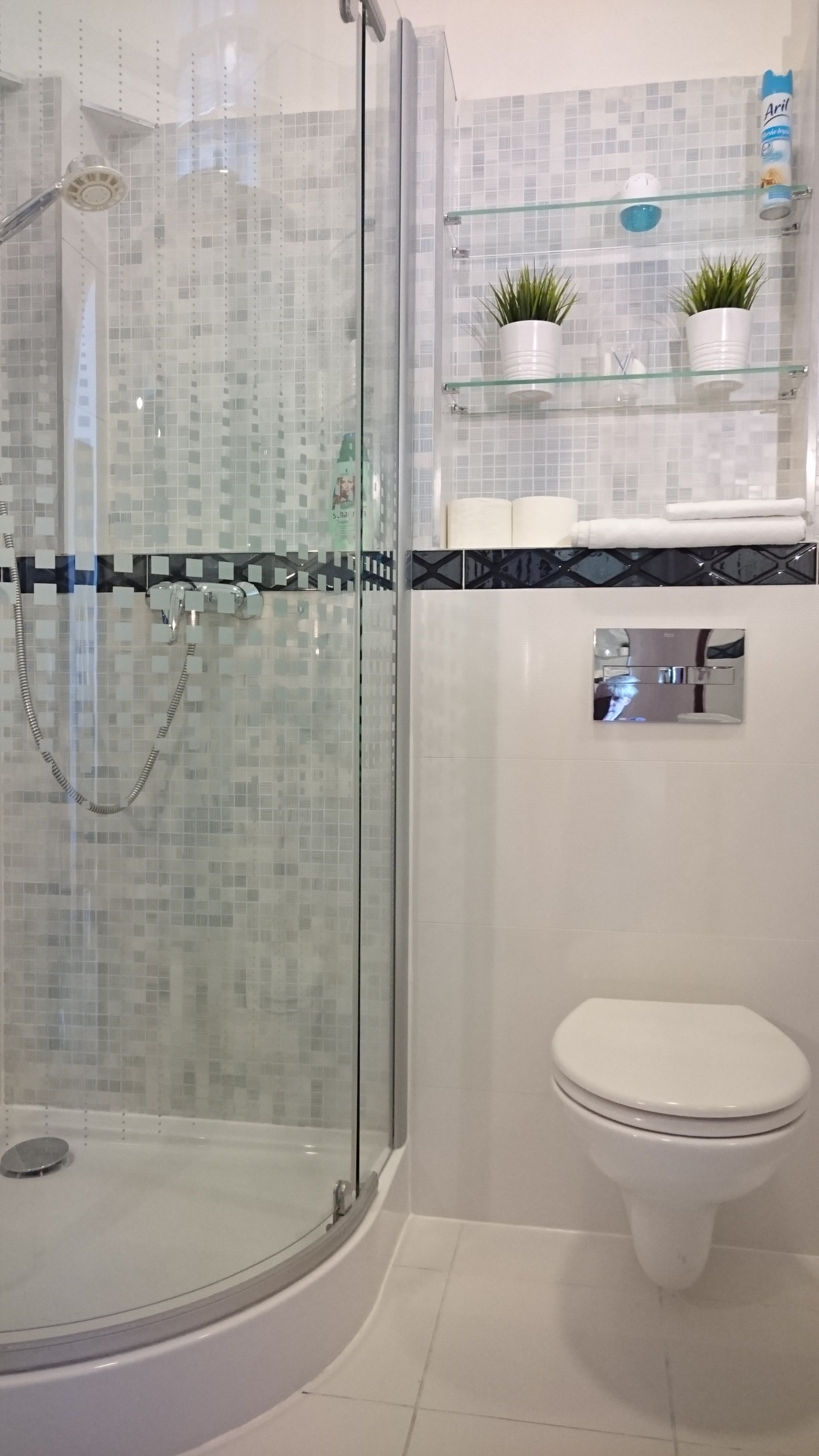 Un baño moderno con ducha acristalada, inodoro y estante con artículos de aseo.