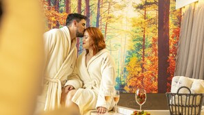 Un couple, vêtu d’une robe de chambre, est assis près d’une fenêtre donnant sur une forêt. Sur la table, on aperçoit un panier de fruits et deux verres de vin.