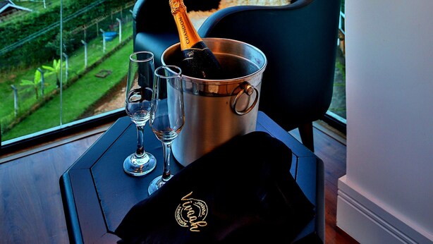 Une pièce avec une grande fenêtre, une chaise, une bouteille de champagne et deux verres sur un plateau.