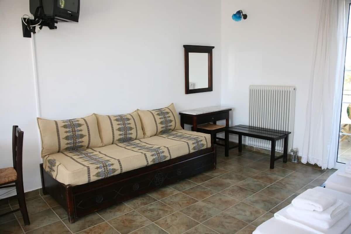 A furnished room with a sofa, a small table, a chair, and a radiator.