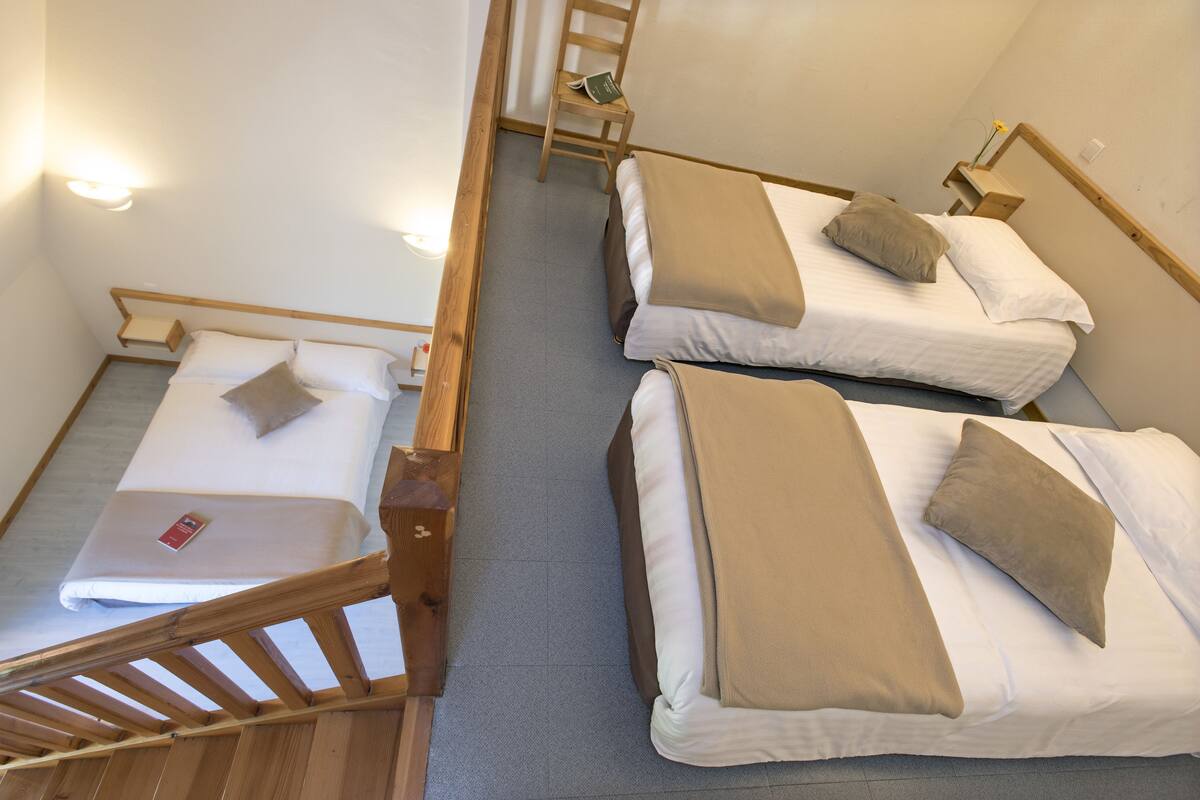 A dormitory-style room with two single beds, each with a pillow and a blanket. A wooden ladder is attached to the wall, and a small shelf with a book and a vase is visible.