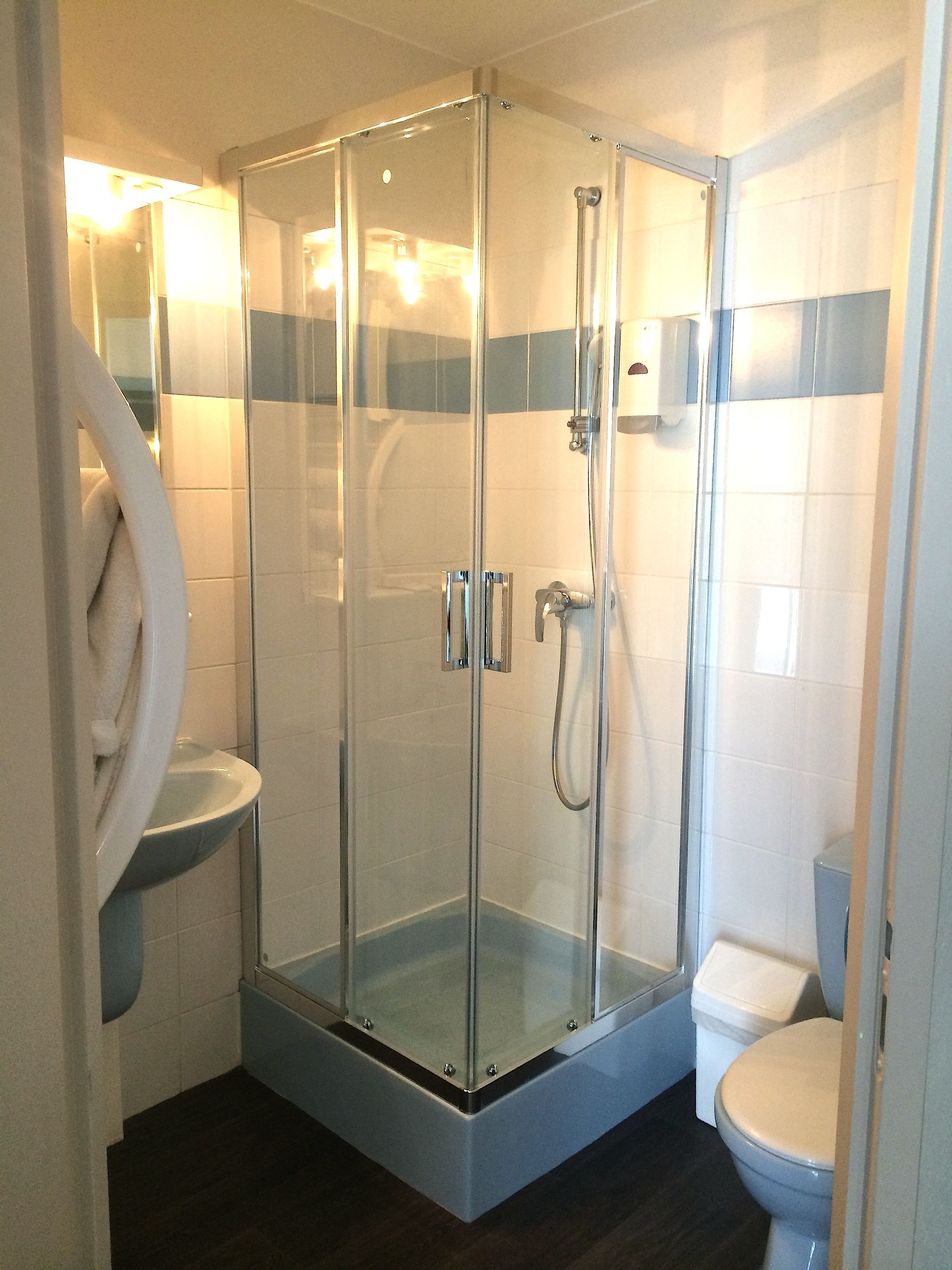 Een moderne badkamer met een douchecabine van glas, een wit toilet en een wastafel.