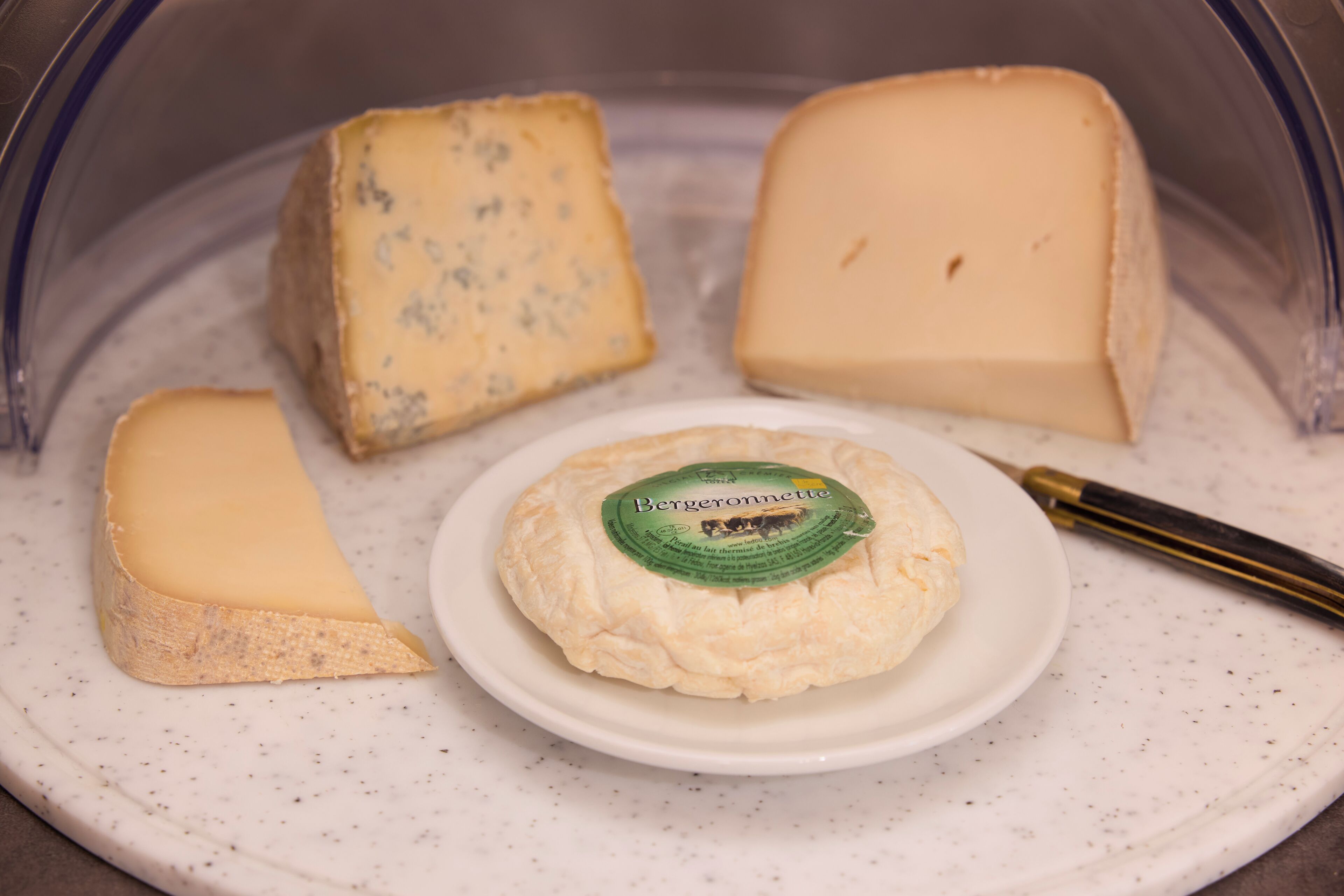 Trois sortes de fromage présentées sur une assiette, avec un stylo à côté.