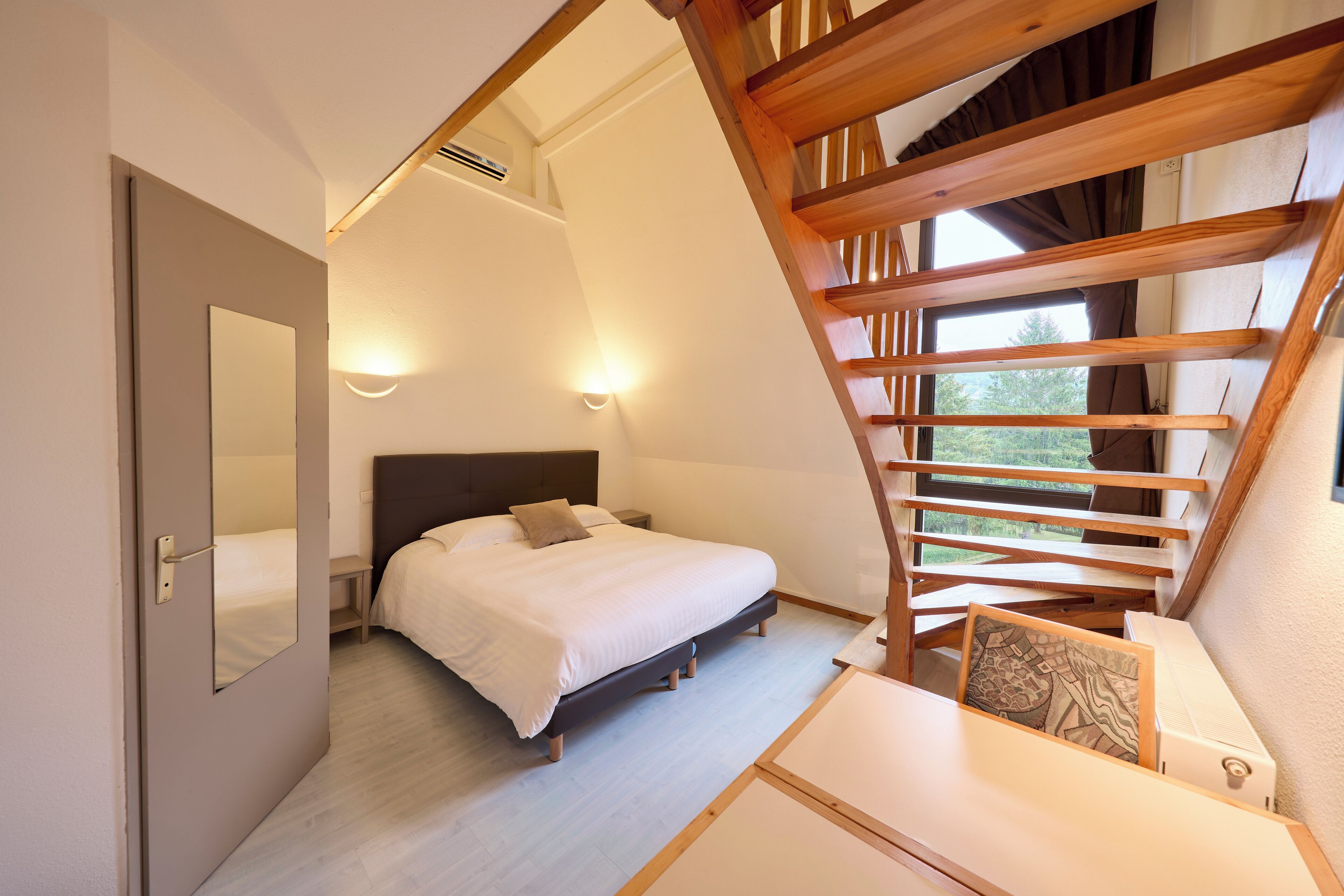 premium bedding, desk, blackout curtains, soundproofing