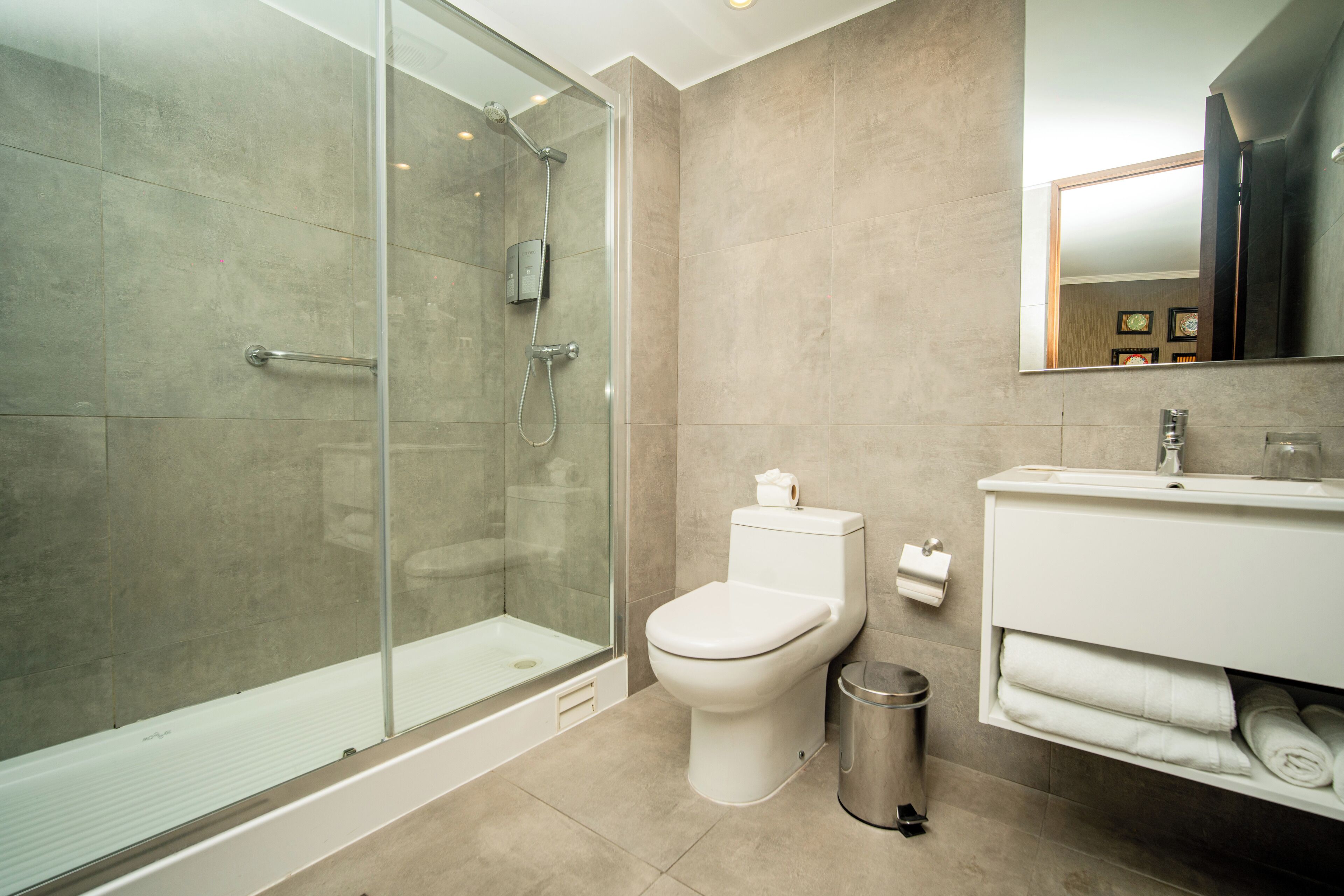 A modern bathroom with a glass-enclosed shower, a toilet, and a vanity with a mirror.