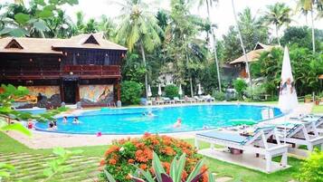 Outdoor pool, pool umbrellas, pool loungers