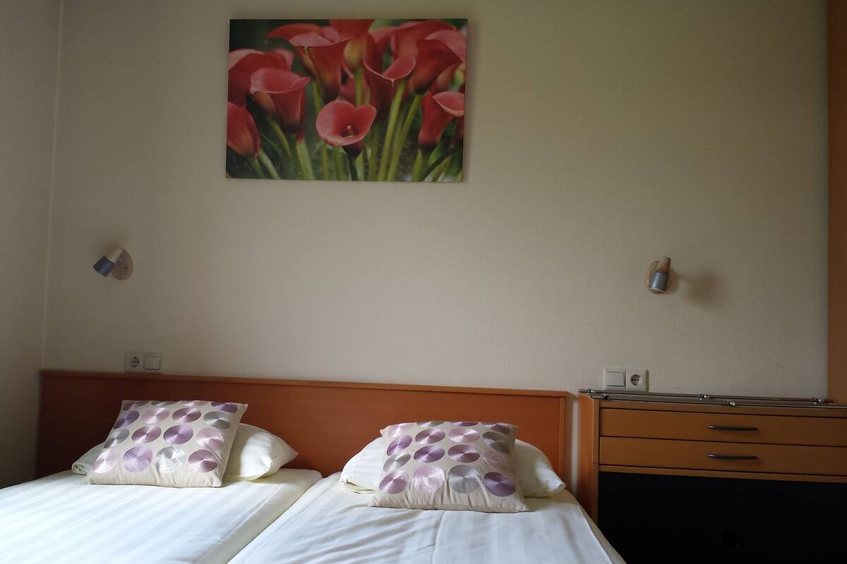 Ein Hotelzimmer mit zwei Betten, einem Bild von roten Blumen an der Wand, einem hölzernen Kopfteil und einem Nachttisch mit einer Lampe.