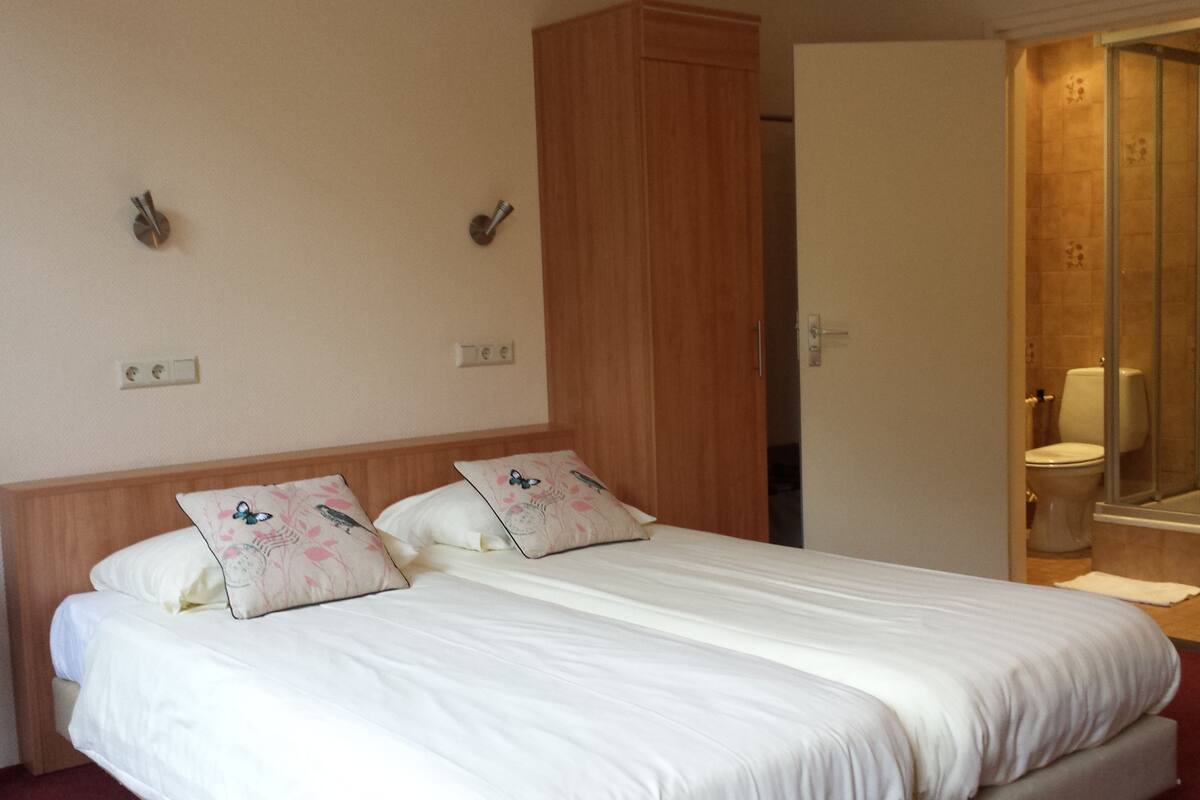 Ein Hotelzimmer mit einem Bett, einem Holzschrank, einem Badezimmer mit Toilette und Dusche sowie zwei Wandleuchten.