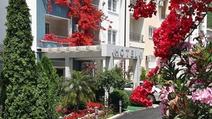 A hotel entrance with a sign, surrounded by lush greenery and vibrant red flowers. - Bella Vista (Becici)