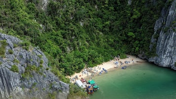 A coastal area with a beach, rocky cliffs, and a small dock with boats.