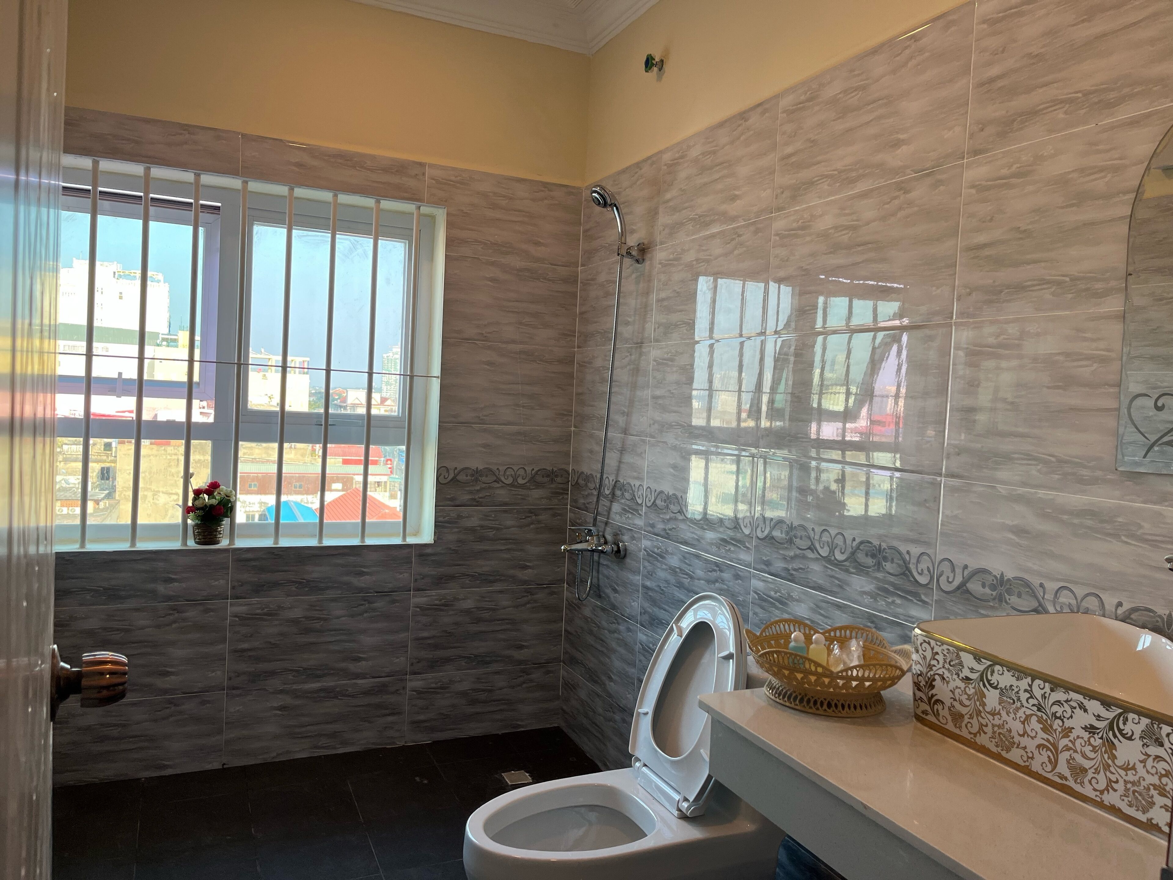 Un baño con inodoro, ducha y ventana con vista a edificios.