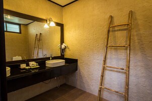 A bathroom with a black countertop, a white sink, a mirror, and a wooden ladder leaning against the wall.