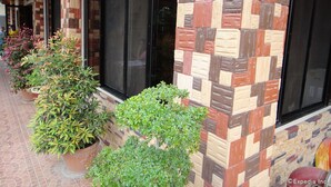 Un bâtiment dont la façade extérieure présente un motif décoratif, de grandes fenêtres et des plantes en pot disposées le long du trottoir.