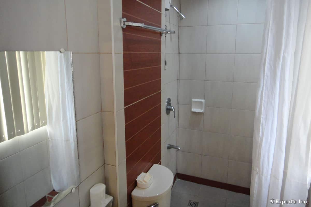 A bathroom with a toilet, a shower area, and a window with curtains.