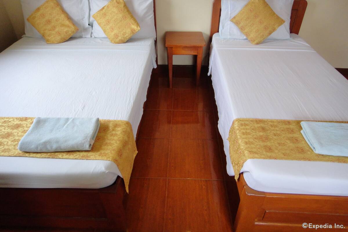 Two single beds with wooden headboards, white linens, and patterned pillows.