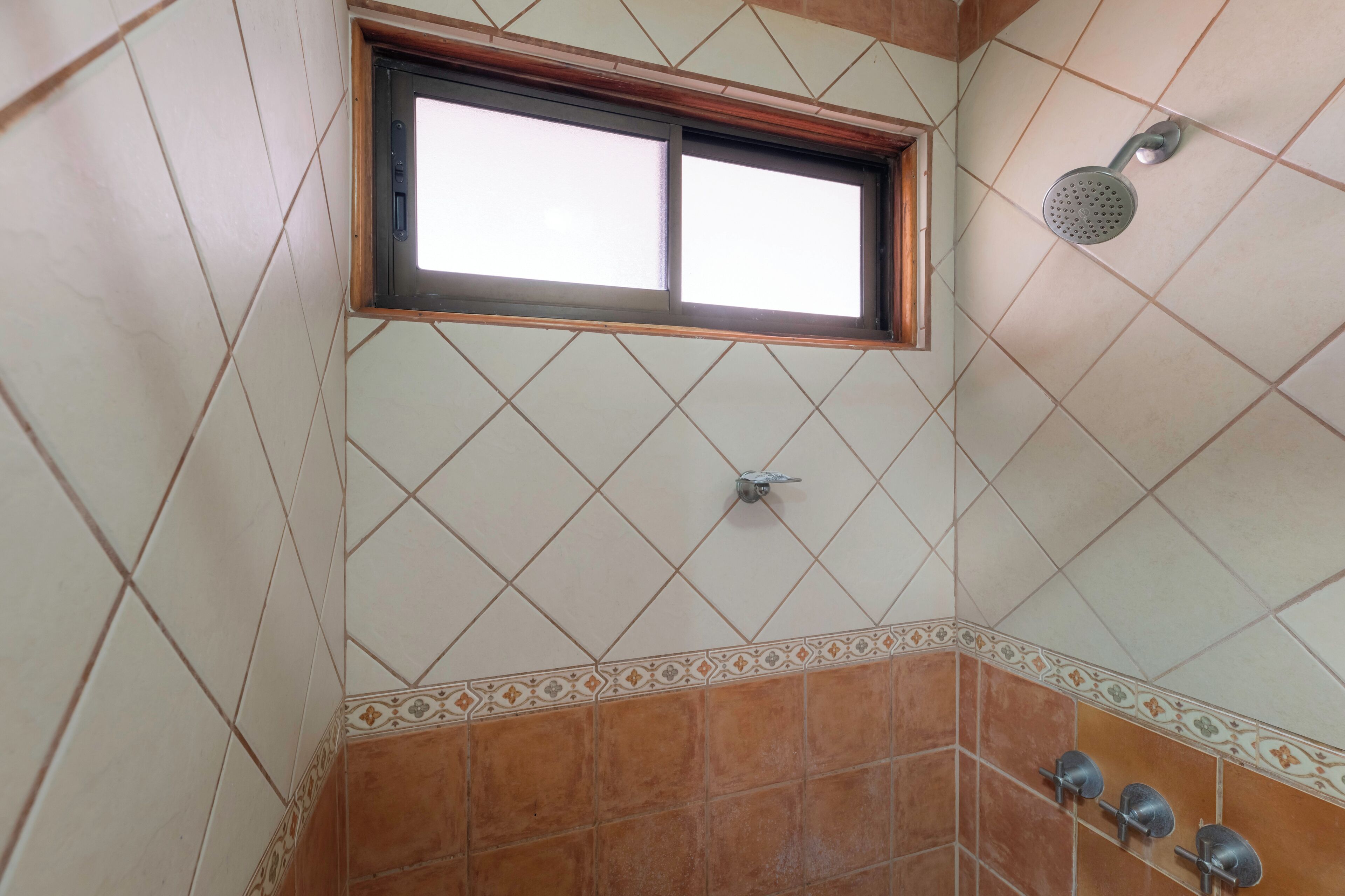 A bathroom with a shower, a window, and a corner with decorative tiles.