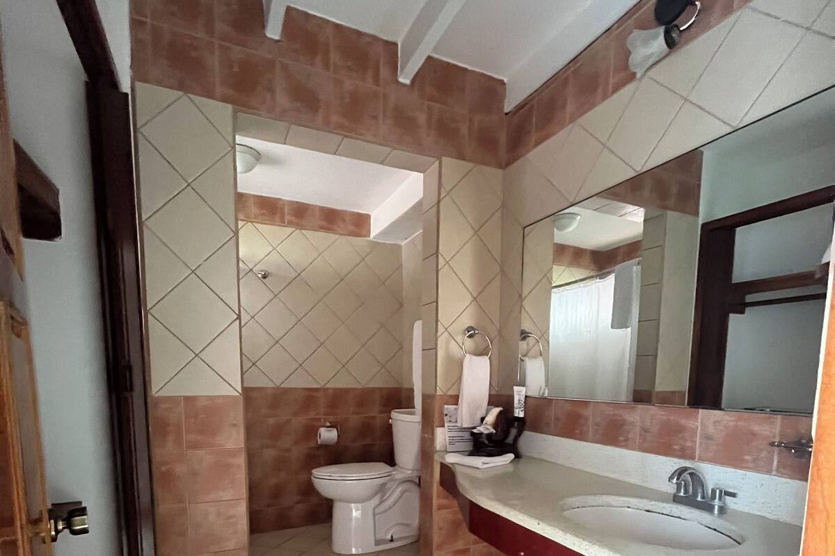 Un baño con inodoro, lavabo y espejo.