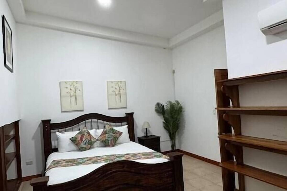 Un dormitorio con una cama de madera, una mesita de noche, una planta en maceta y un estante empotrado.