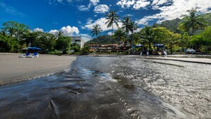 A beach with a water body, palm trees, and a building with a red roof. - Jacó Laguna Resort and Beach Club (Jacó)