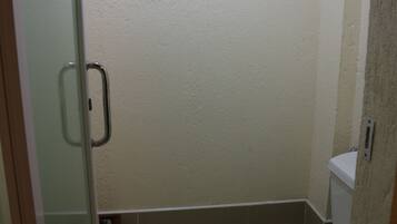 Ein Badezimmer mit Duschkabine aus Glas, Toilette und Ablagefläche darüber.