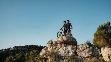 Two people standing on a rocky outcrop with bicycles, surrounded by trees and a clear sky.