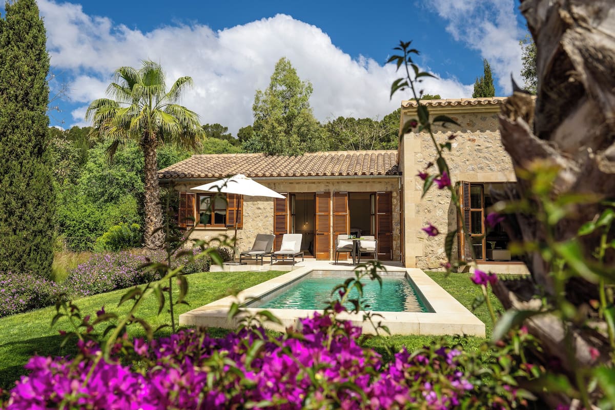 A house with a swimming pool, surrounded by lush greenery and purple flowers.